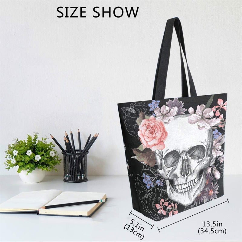 Naanle Day of The Dead Canvas Tote Bag - Large Women's Casual Shoulder Handbag, Floral Skull Reusable Multipurpose Heavy Duty Shopping Grocery Cotton Bag for Outdoors - Image 5